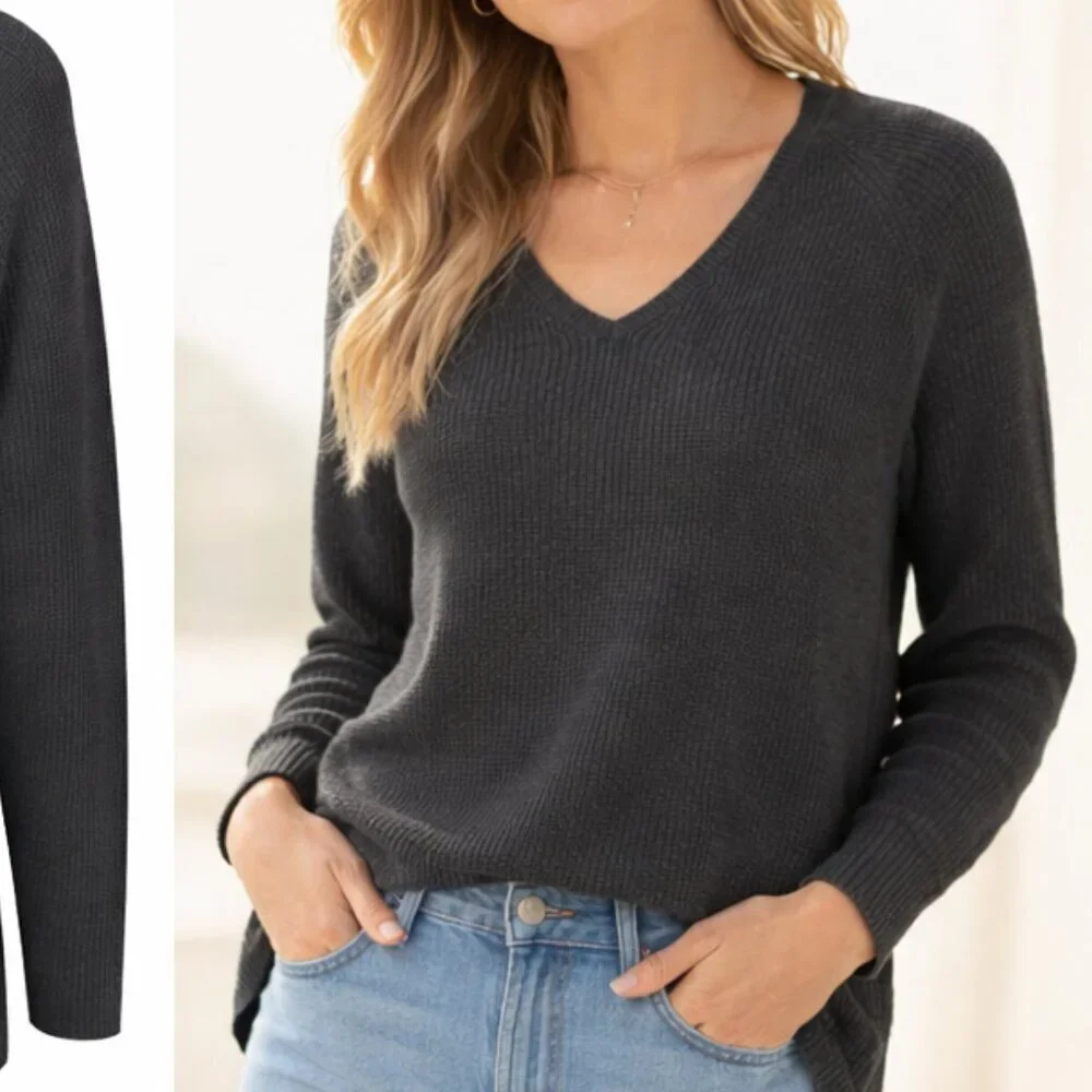 Athleta | Black Merino Wool Blend V-Neck Sweater | Small